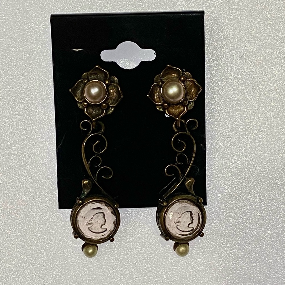 Signed Extasia EXT Intaglio Cameo Glass Pearl Earrings